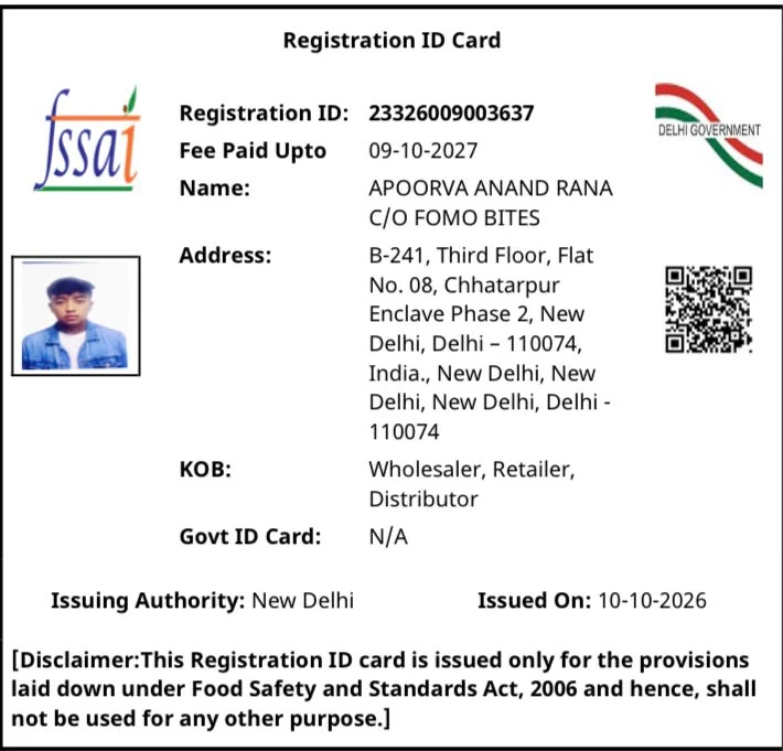 FSSAI registration ID card of Fomo Bites, registration number 23326009003637