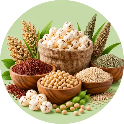 A wooden bowl of makhana surrounded by millets and grains