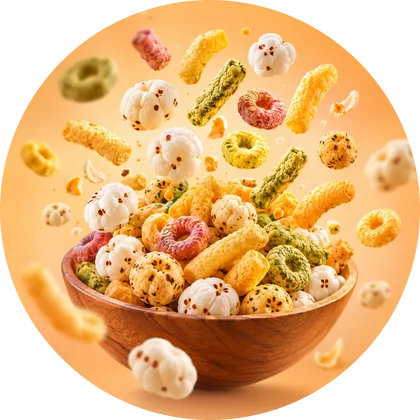 Crunchy puffs floating above a wooden bowl
