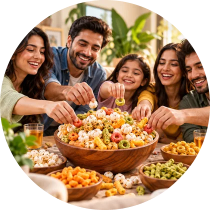 Friends and family sharing a bowl of snacks